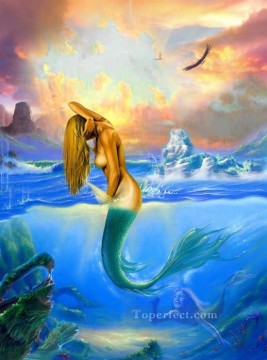 Arte original de Toperfect Painting - sirena junto al mar desnuda original